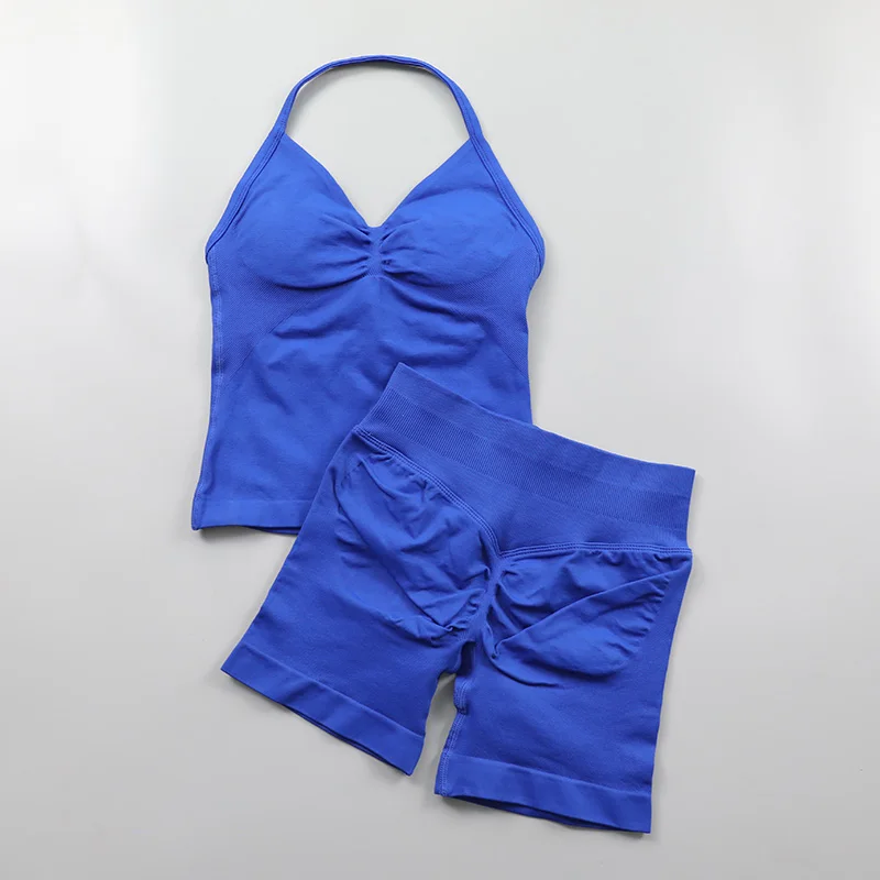 2 Piece Gym Set Woman Backless Halter Tank Top Seamless Booty Shorts Sports Suit Yoga Clothing Active Wear Women Workout Sets