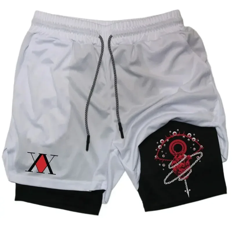 Anime Hunter X Hunter Performance Shorts Men 2-in-1 Running Compression Shorts Training Sport Gym Quick Dry Shorts with Pockets
