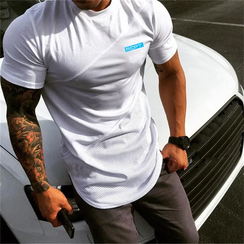 Men's Running Sport T-Shirt Breathable Summer Shirt Muscle Guys Fashion Cotton Patchwork Mesh Clothing Gym Bodybuilding Fitness