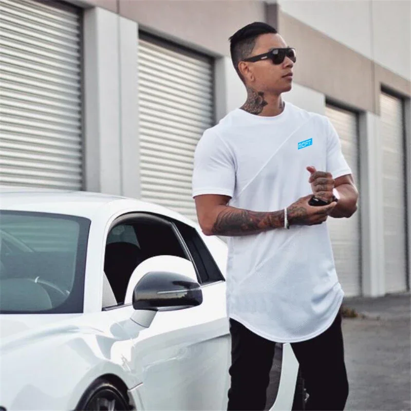 Men's Running Sport T-Shirt Breathable Summer Shirt Muscle Guys Fashion Cotton Patchwork Mesh Clothing Gym Bodybuilding Fitness
