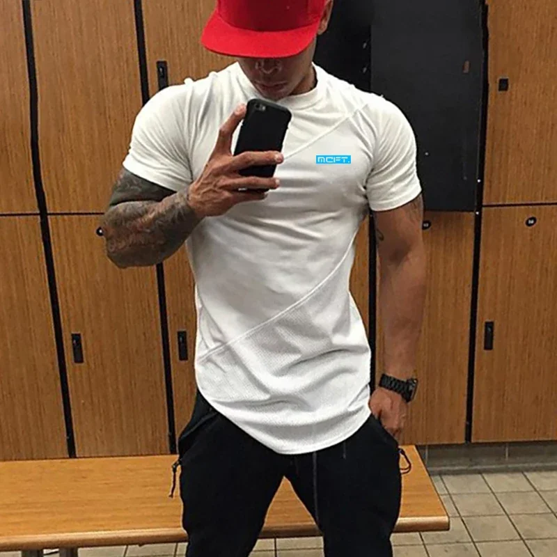 Men's Running Sport T-Shirt Breathable Summer Shirt Muscle Guys Fashion Cotton Patchwork Mesh Clothing Gym Bodybuilding Fitness
