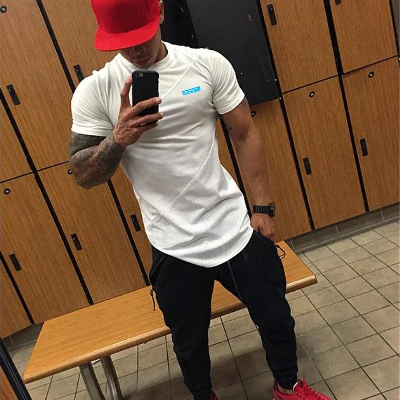 Men's Running Sport T-Shirt Breathable Summer Shirt Muscle Guys Fashion Cotton Patchwork Mesh Clothing Gym Bodybuilding Fitness