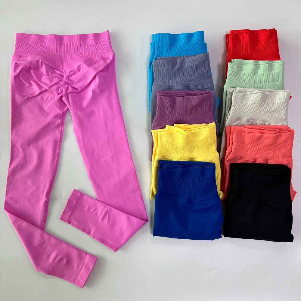 No Logo Gym Leggings Women Seamless Yoga Pants High Waist Low Ribbed Band Fitness Leggings Fitness Sweat Wicking Workout Tights