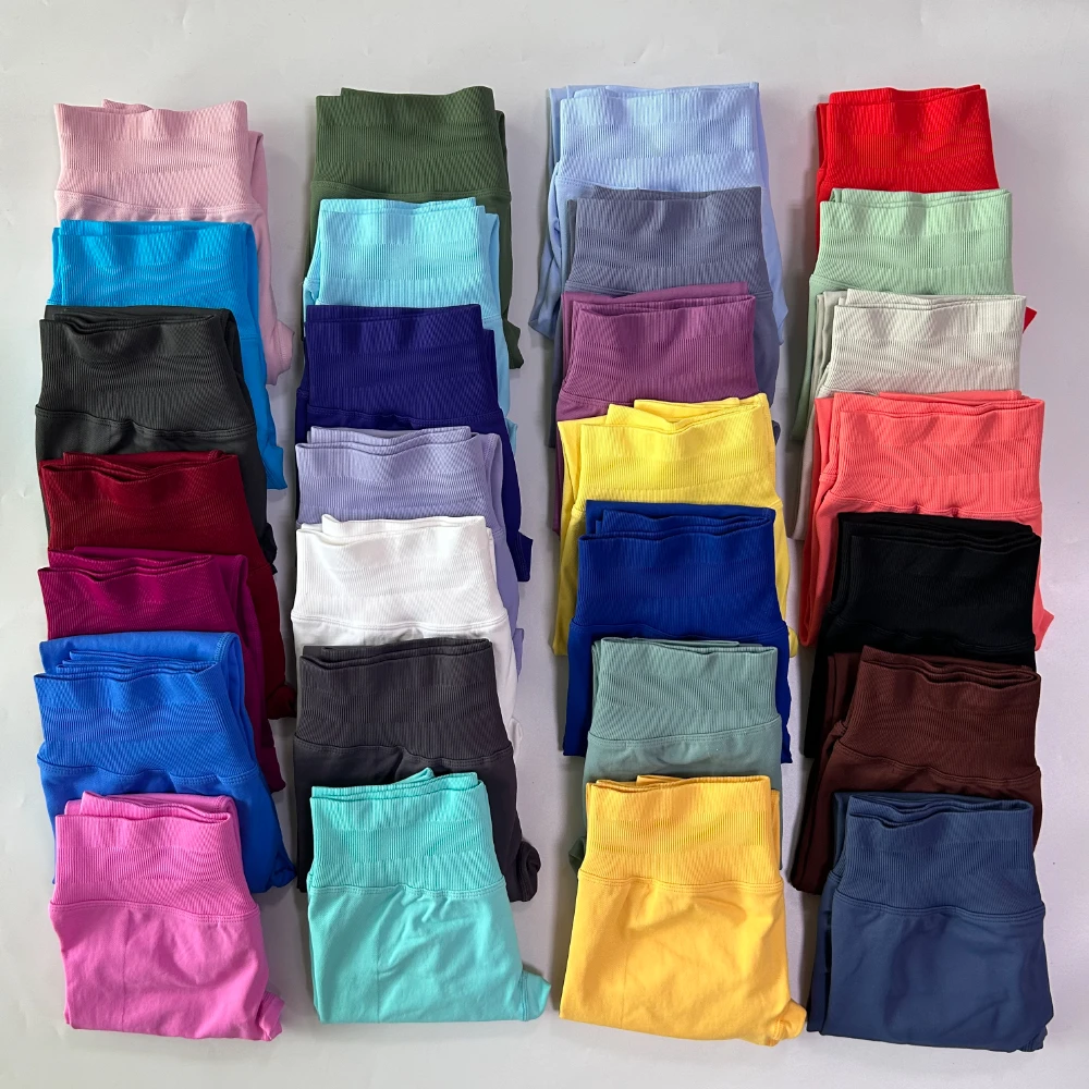 No Logo Gym Leggings Women Seamless Yoga Pants High Waist Low Ribbed Band Fitness Leggings Fitness Sweat Wicking Workout Tights