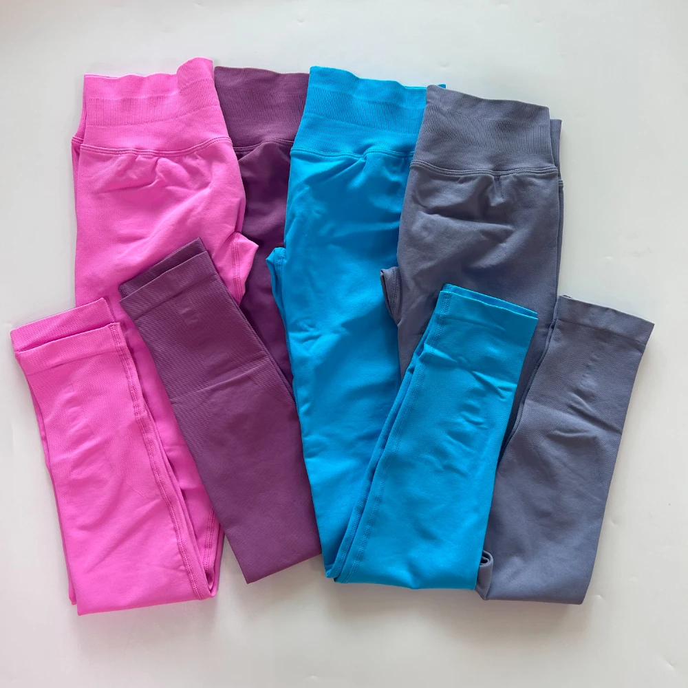 No Logo Gym Leggings Women Seamless Yoga Pants High Waist Low Ribbed Band Fitness Leggings Fitness Sweat Wicking Workout Tights
