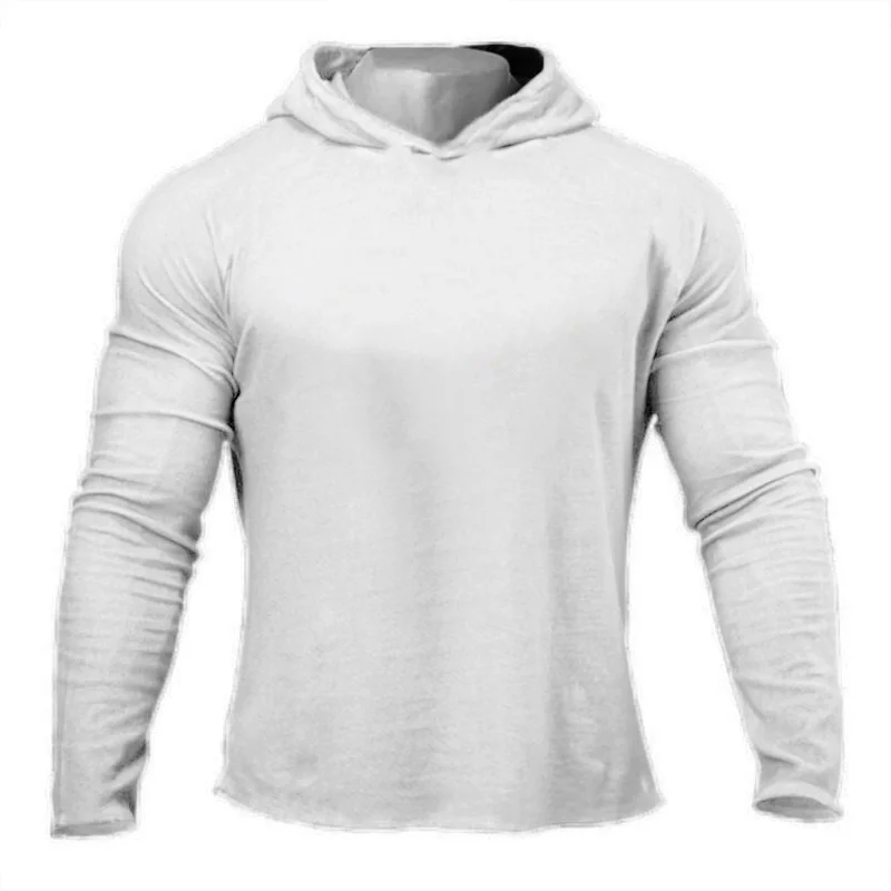 Plain Mens Hooded Running T-shirts Autumn Cotton Fitness Long Sleeve Hoodies Breathable Workout Gym Clothing Sports Muscle Shirt