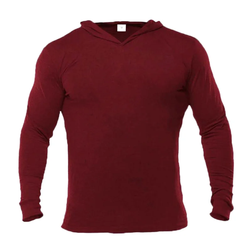 Plain Mens Hooded Running T-shirts Autumn Cotton Fitness Long Sleeve Hoodies Breathable Workout Gym Clothing Sports Muscle Shirt