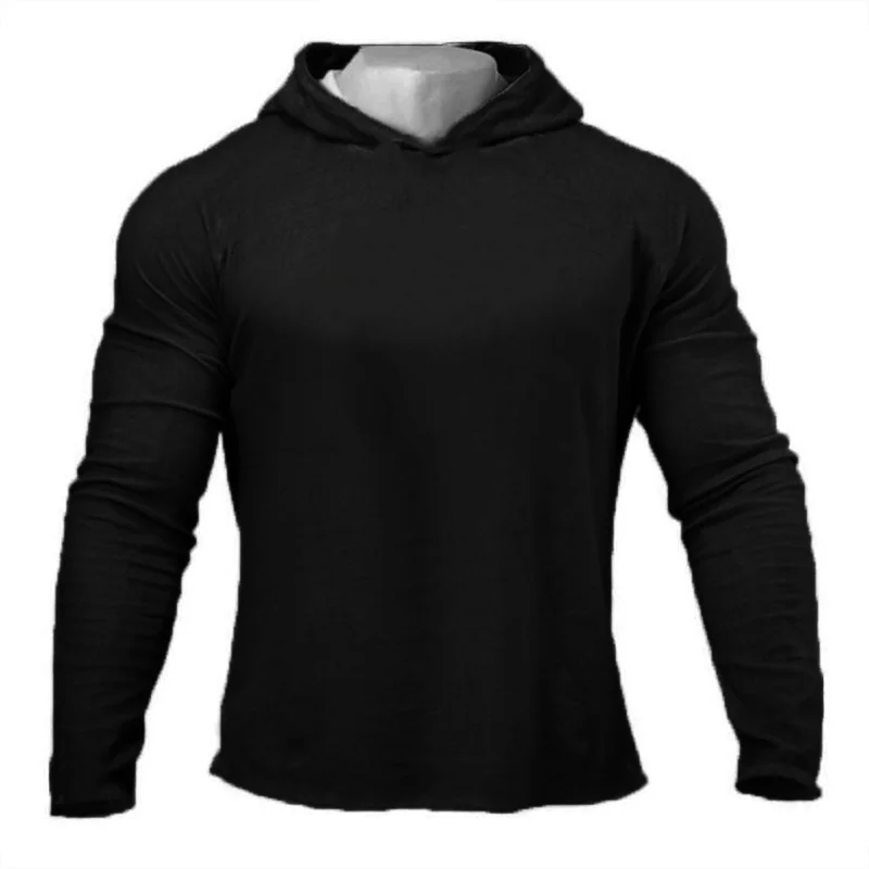 Plain Mens Hooded Running T-shirts Autumn Cotton Fitness Long Sleeve Hoodies Breathable Workout Gym Clothing Sports Muscle Shirt