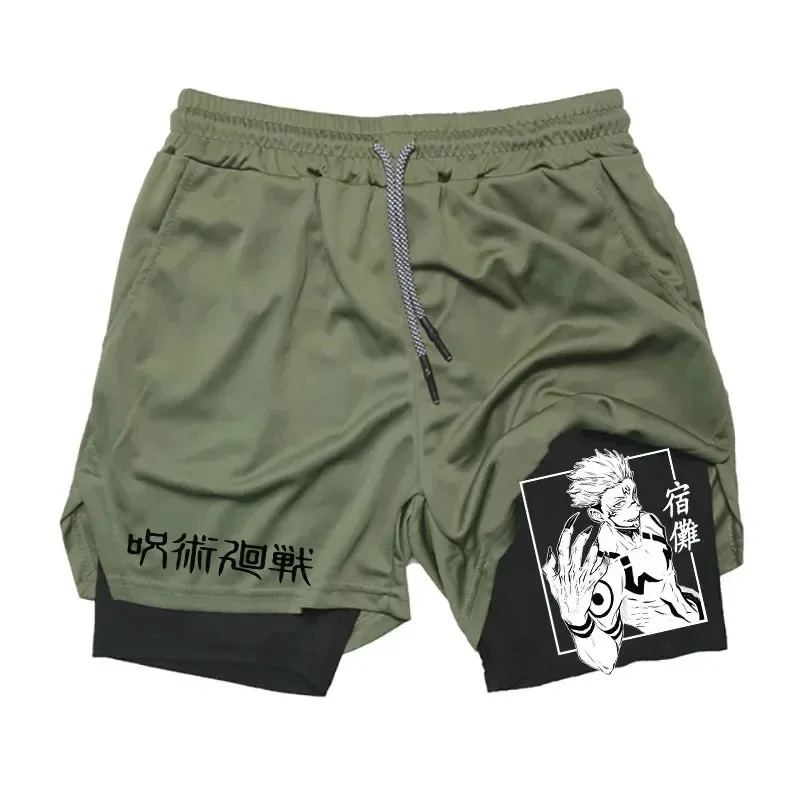 Anime Ryomen Sukuna Gym Shorts 2-In-1 Double Layer Men Workout Sports Jogging Sportwear Training Sport Shorts Male Summer Shorts