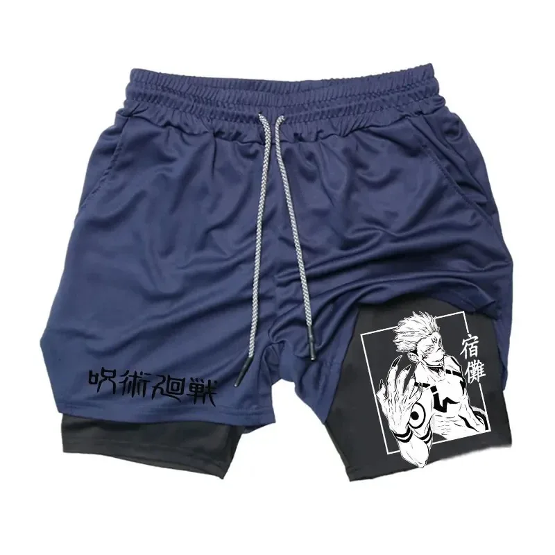Anime Ryomen Sukuna Gym Shorts 2-In-1 Double Layer Men Workout Sports Jogging Sportwear Training Sport Shorts Male Summer Shorts