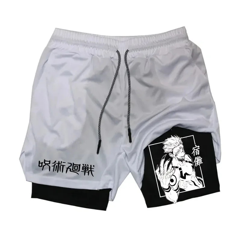 Anime Ryomen Sukuna Gym Shorts 2-In-1 Double Layer Men Workout Sports Jogging Sportwear Training Sport Shorts Male Summer Shorts