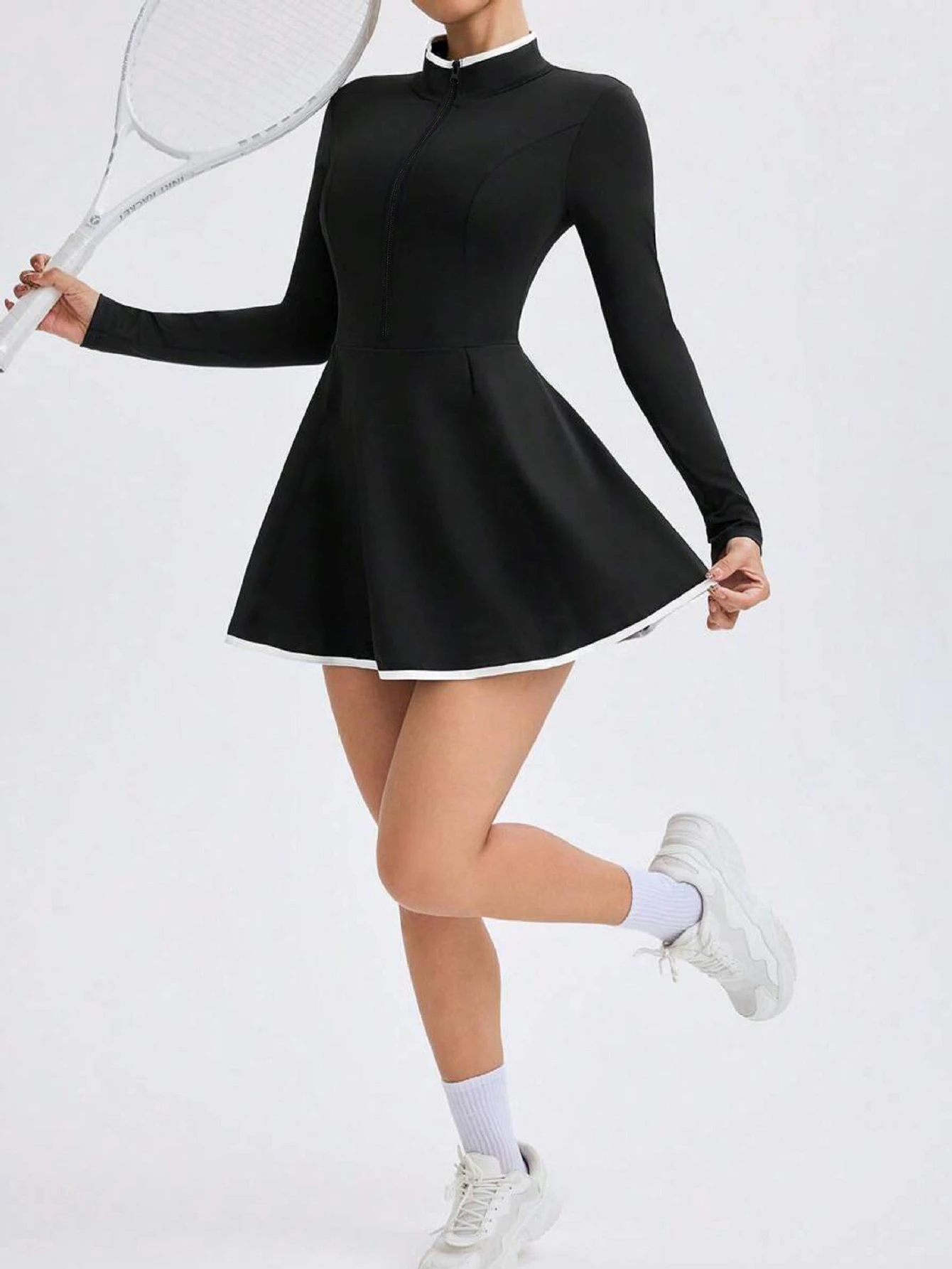 Women's solid color stand up collar zipper tennis skirt, outdoor sports skirt