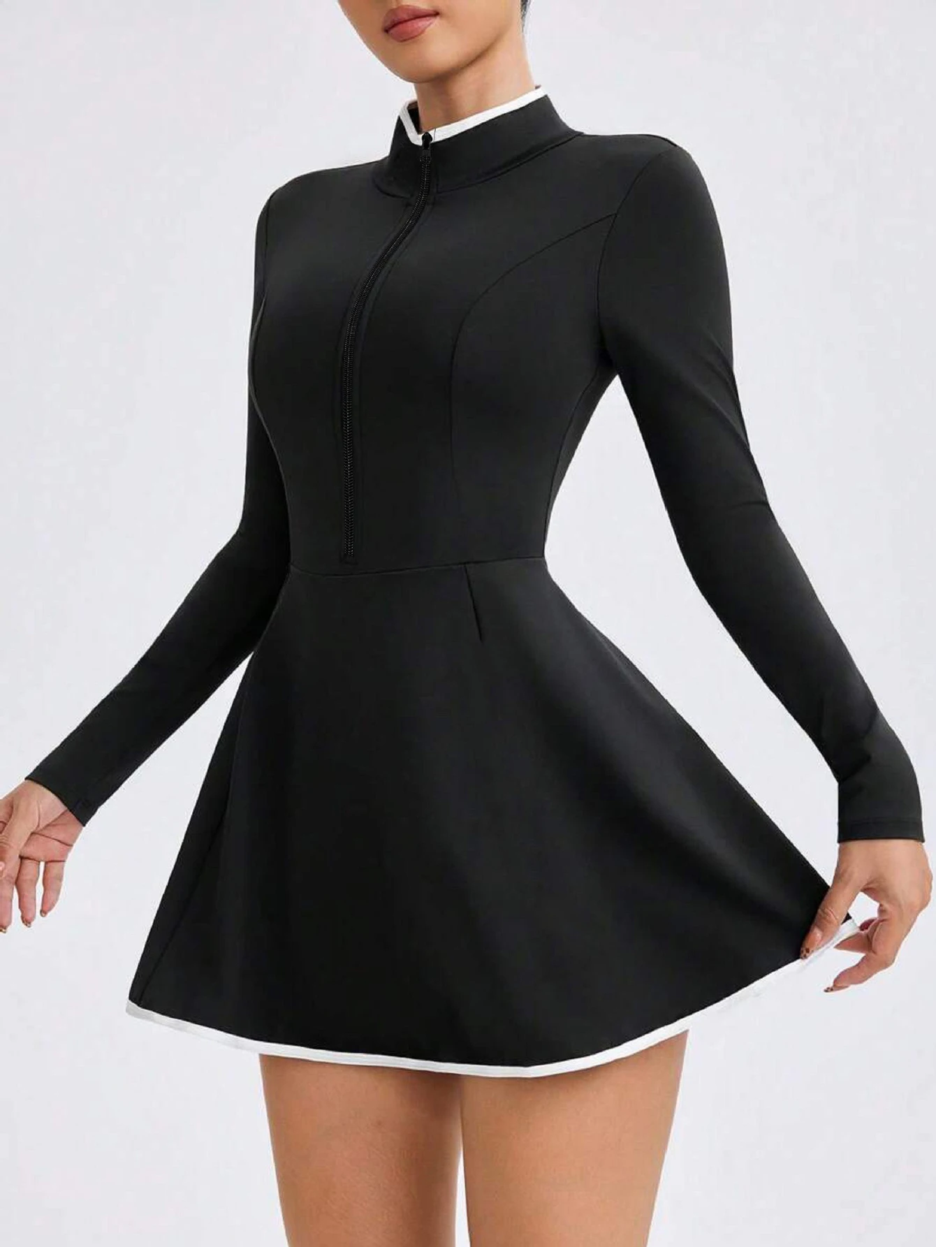 Women's solid color stand up collar zipper tennis skirt, outdoor sports skirt
