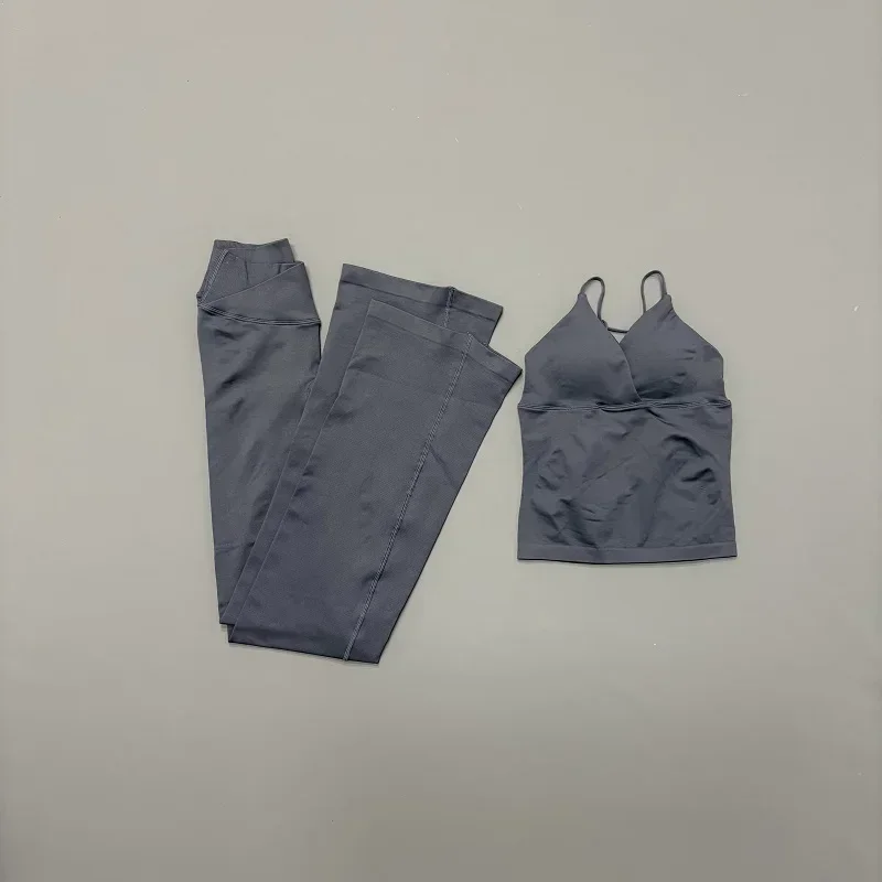 2 Piece Sports Set Women Back Tie Thin Strap Tank Top Crossover Waist Flare Yoga Pants Bootcut Leggings Gym Pilates Workout Suit