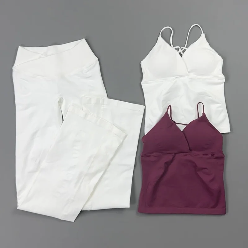 2 Piece Sports Set Women Back Tie Thin Strap Tank Top Crossover Waist Flare Yoga Pants Bootcut Leggings Gym Pilates Workout Suit