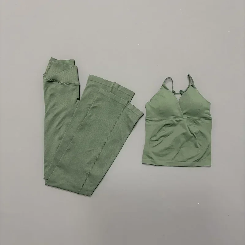 2 Piece Sports Set Women Back Tie Thin Strap Tank Top Crossover Waist Flare Yoga Pants Bootcut Leggings Gym Pilates Workout Suit