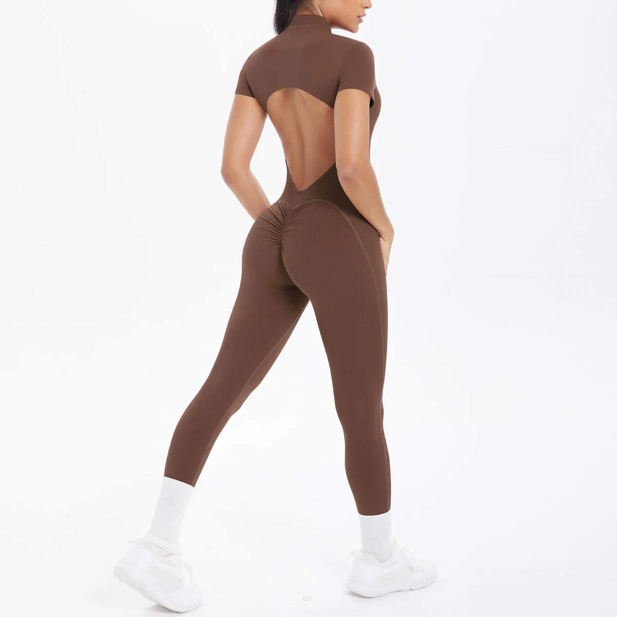 Short Sleeved Fitness Jumpsuit for Woman Bodysuits Backless Solid Color Scrunch One-Piece Suit Half Zipper Gym Yoga Sets Womens