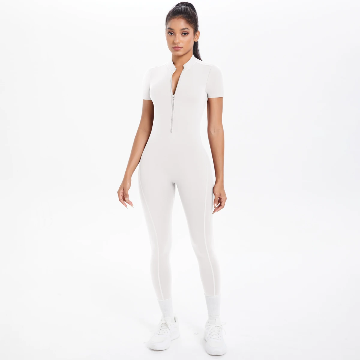Short Sleeved Fitness Jumpsuit for Woman Bodysuits Backless Solid Color Scrunch One-Piece Suit Half Zipper Gym Yoga Sets Womens