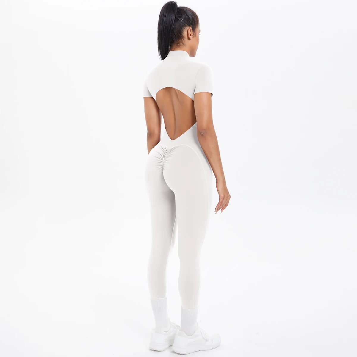 Short Sleeved Fitness Jumpsuit for Woman Bodysuits Backless Solid Color Scrunch One-Piece Suit Half Zipper Gym Yoga Sets Womens