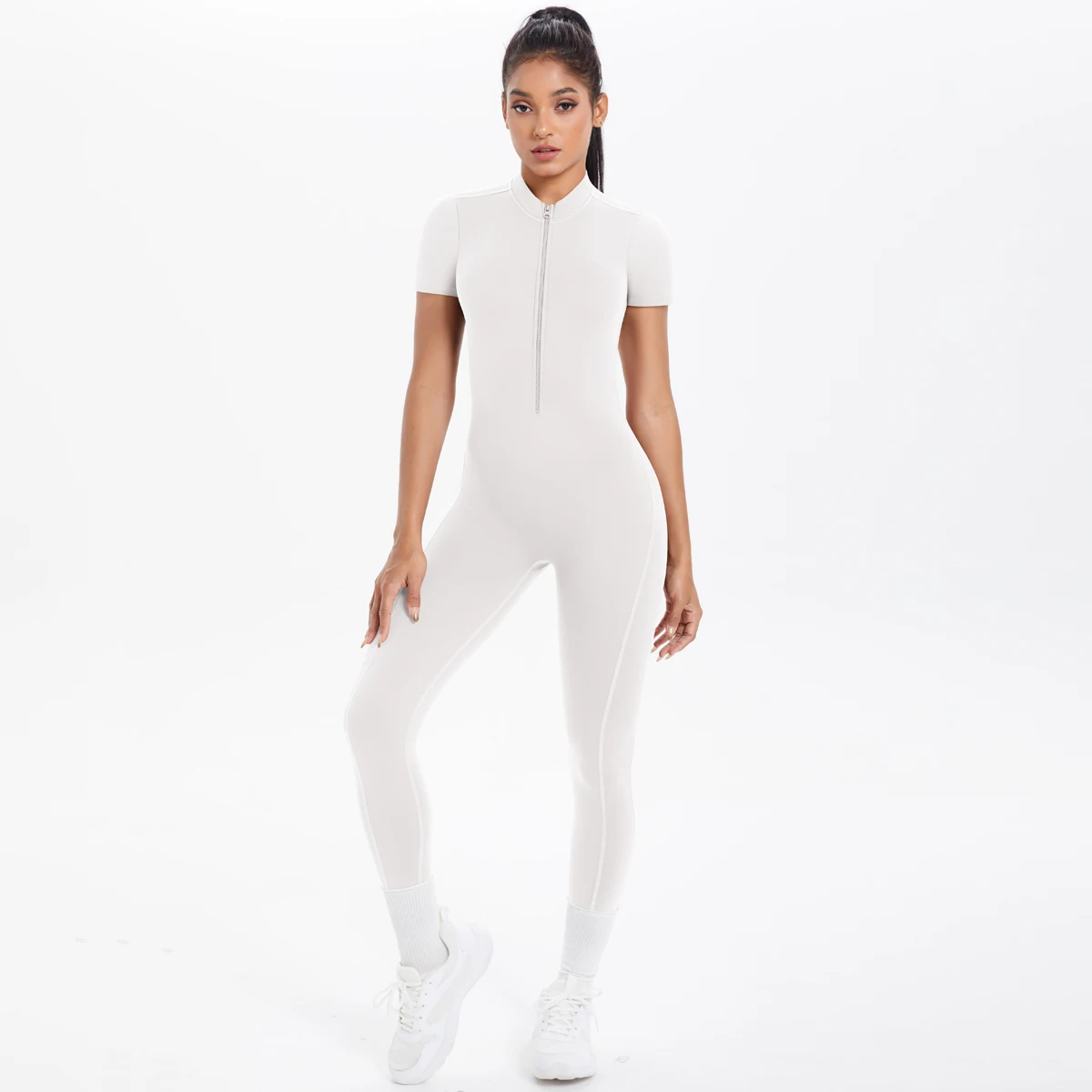 Short Sleeved Fitness Jumpsuit for Woman Bodysuits Backless Solid Color Scrunch One-Piece Suit Half Zipper Gym Yoga Sets Womens