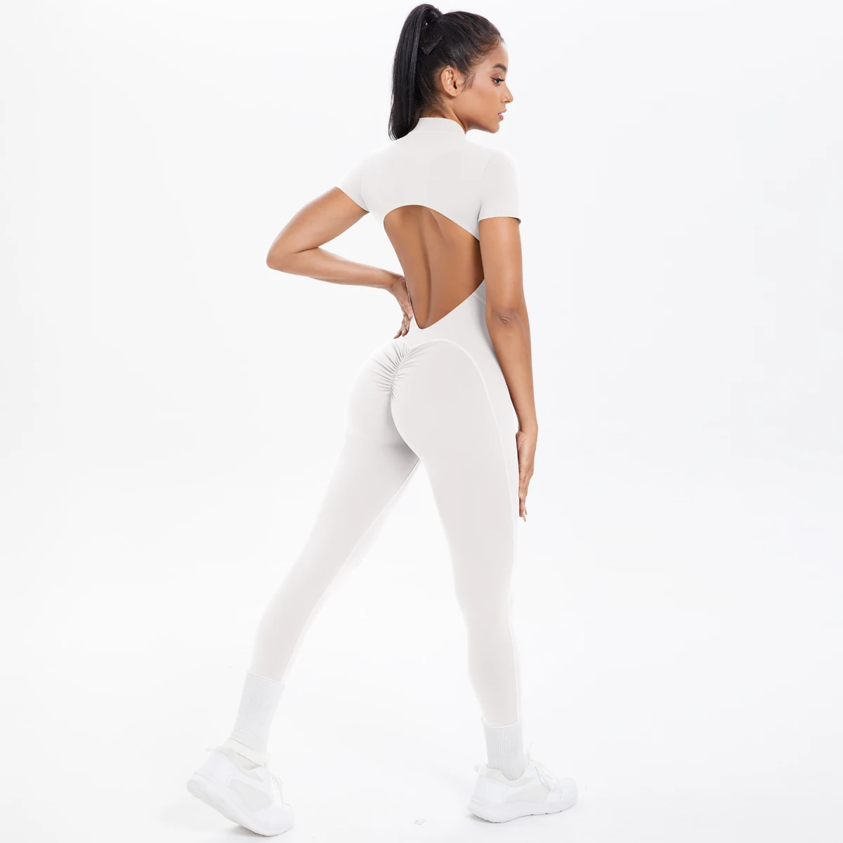 Short Sleeved Fitness Jumpsuit for Woman Bodysuits Backless Solid Color Scrunch One-Piece Suit Half Zipper Gym Yoga Sets Womens