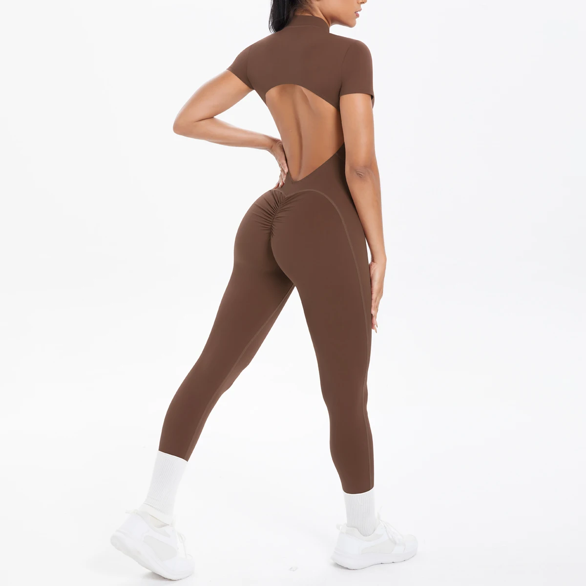 Short Sleeved Fitness Jumpsuit for Woman Bodysuits Backless Solid Color Scrunch One-Piece Suit Half Zipper Gym Yoga Sets Womens
