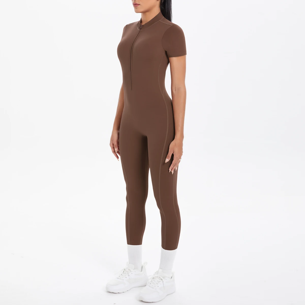 Short Sleeved Fitness Jumpsuit for Woman Bodysuits Backless Solid Color Scrunch One-Piece Suit Half Zipper Gym Yoga Sets Womens