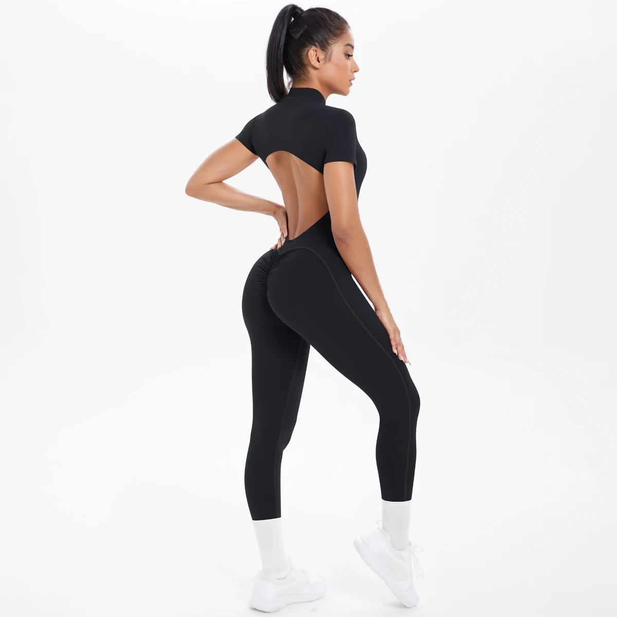 Short Sleeved Fitness Jumpsuit for Woman Bodysuits Backless Solid Color Scrunch One-Piece Suit Half Zipper Gym Yoga Sets Womens