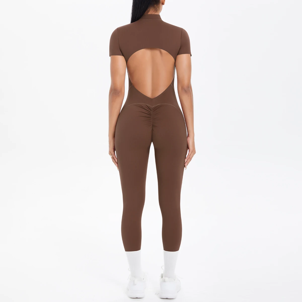 Short Sleeved Fitness Jumpsuit for Woman Bodysuits Backless Solid Color Scrunch One-Piece Suit Half Zipper Gym Yoga Sets Womens
