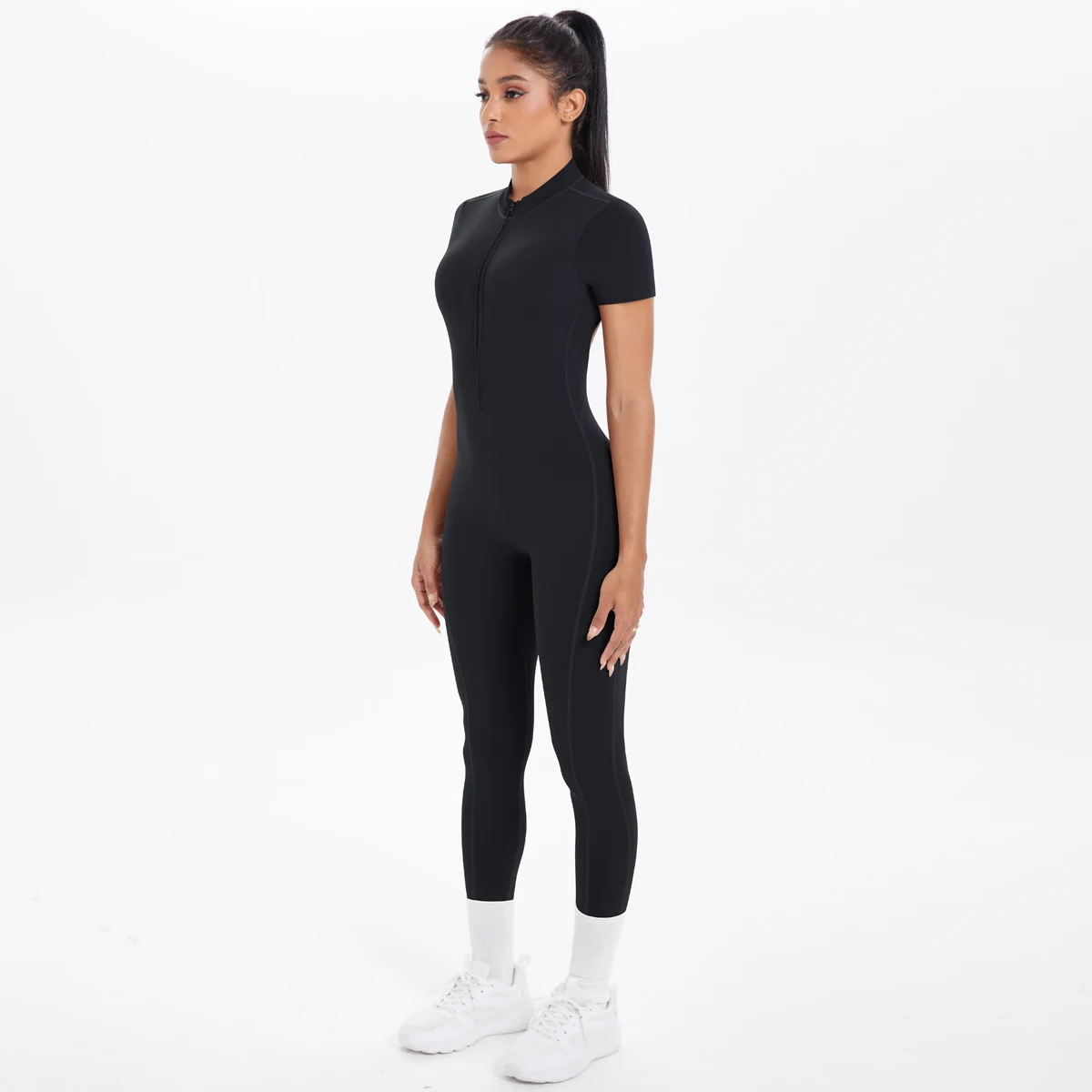 Short Sleeved Fitness Jumpsuit for Woman Bodysuits Backless Solid Color Scrunch One-Piece Suit Half Zipper Gym Yoga Sets Womens