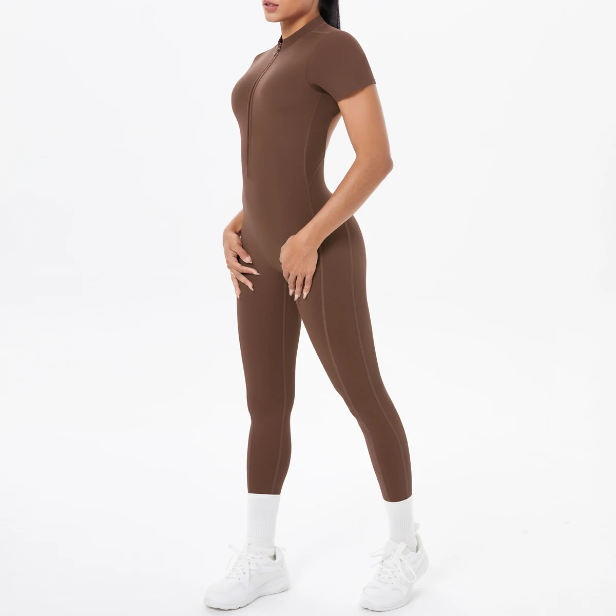 Short Sleeved Fitness Jumpsuit for Woman Bodysuits Backless Solid Color Scrunch One-Piece Suit Half Zipper Gym Yoga Sets Womens