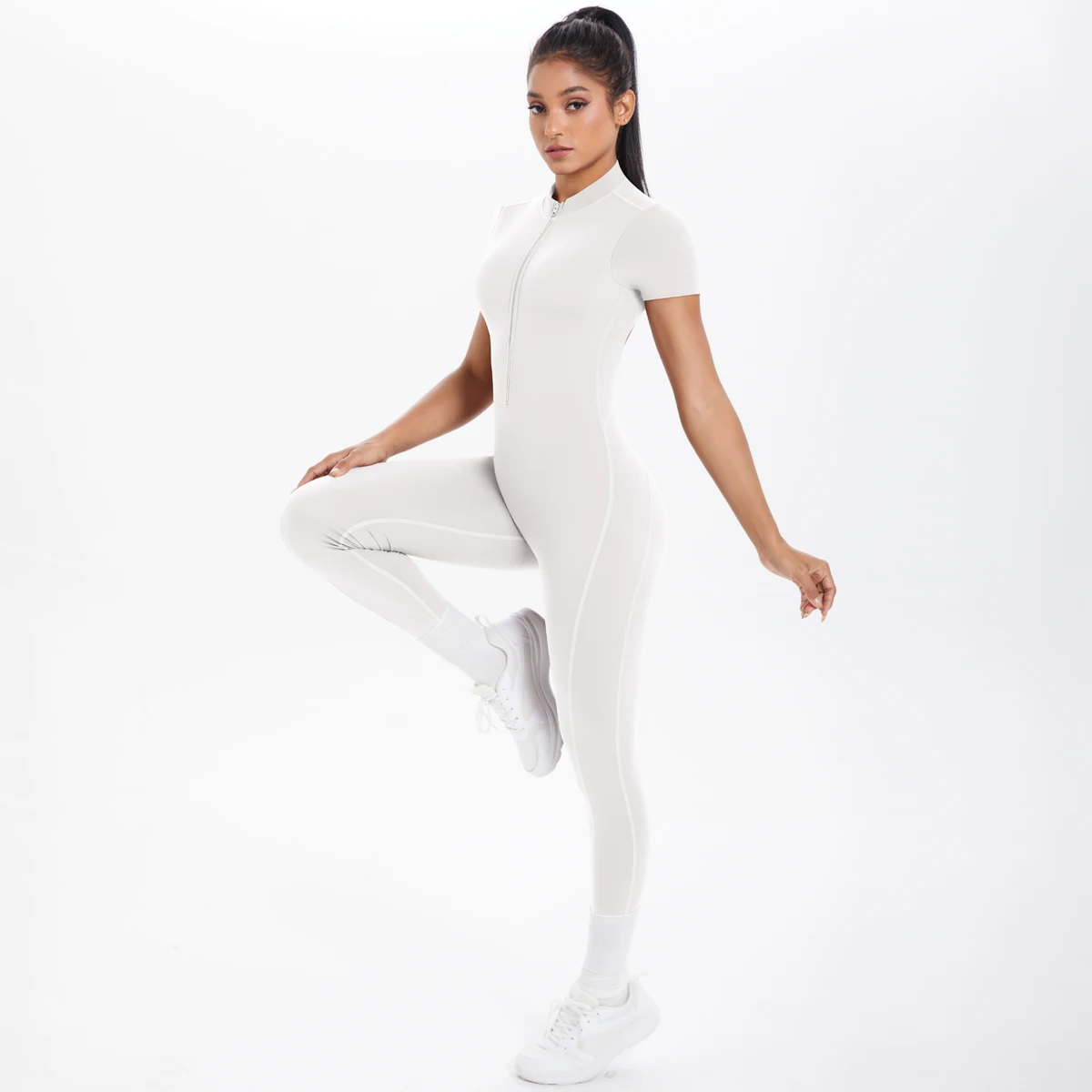Short Sleeved Fitness Jumpsuit for Woman Bodysuits Backless Solid Color Scrunch One-Piece Suit Half Zipper Gym Yoga Sets Womens