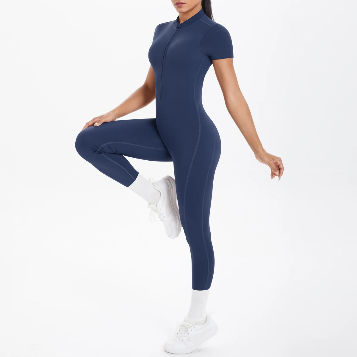 Short Sleeved Fitness Jumpsuit for Woman Bodysuits Backless Solid Color Scrunch One-Piece Suit Half Zipper Gym Yoga Sets Womens