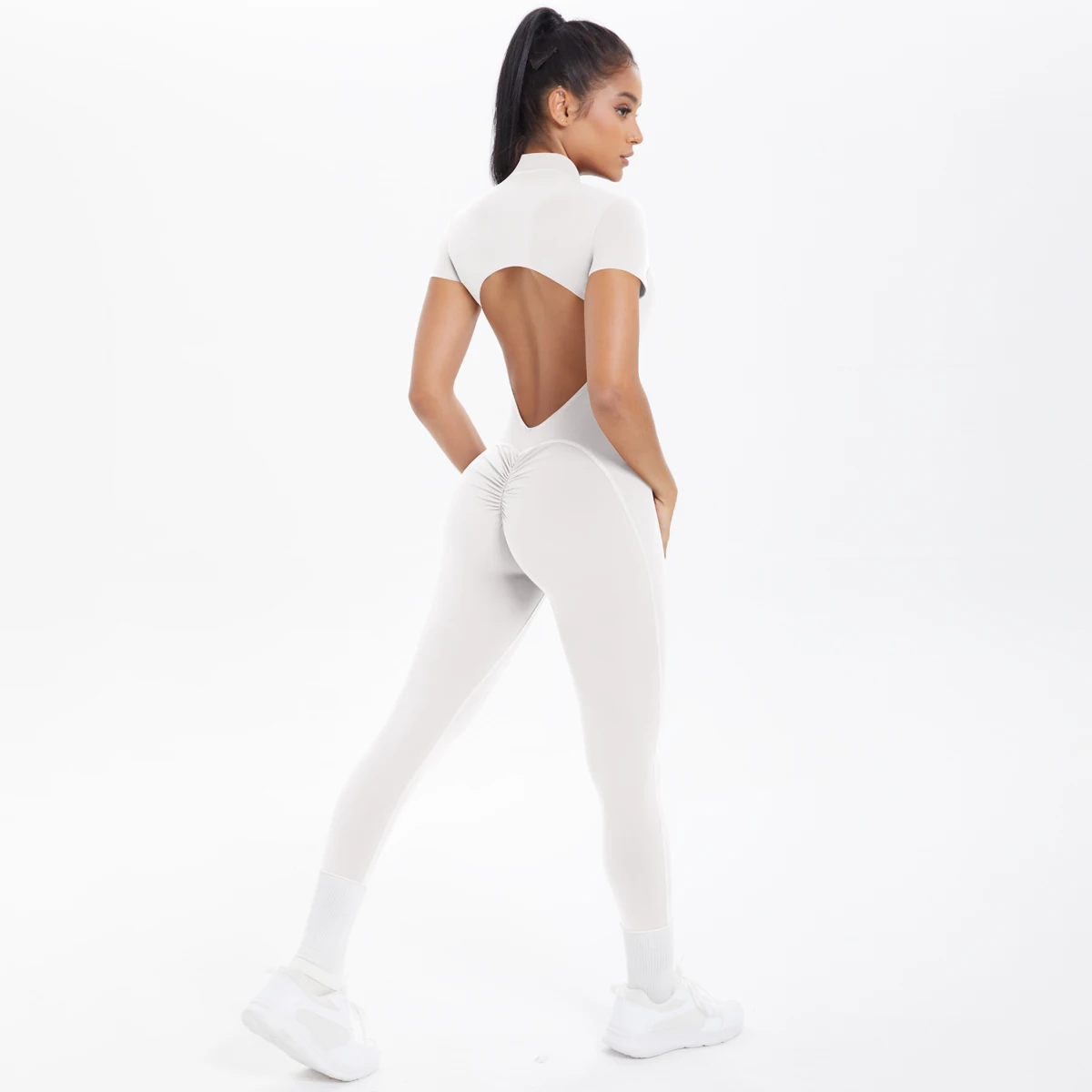 Short Sleeved Fitness Jumpsuit for Woman Bodysuits Backless Solid Color Scrunch One-Piece Suit Half Zipper Gym Yoga Sets Womens