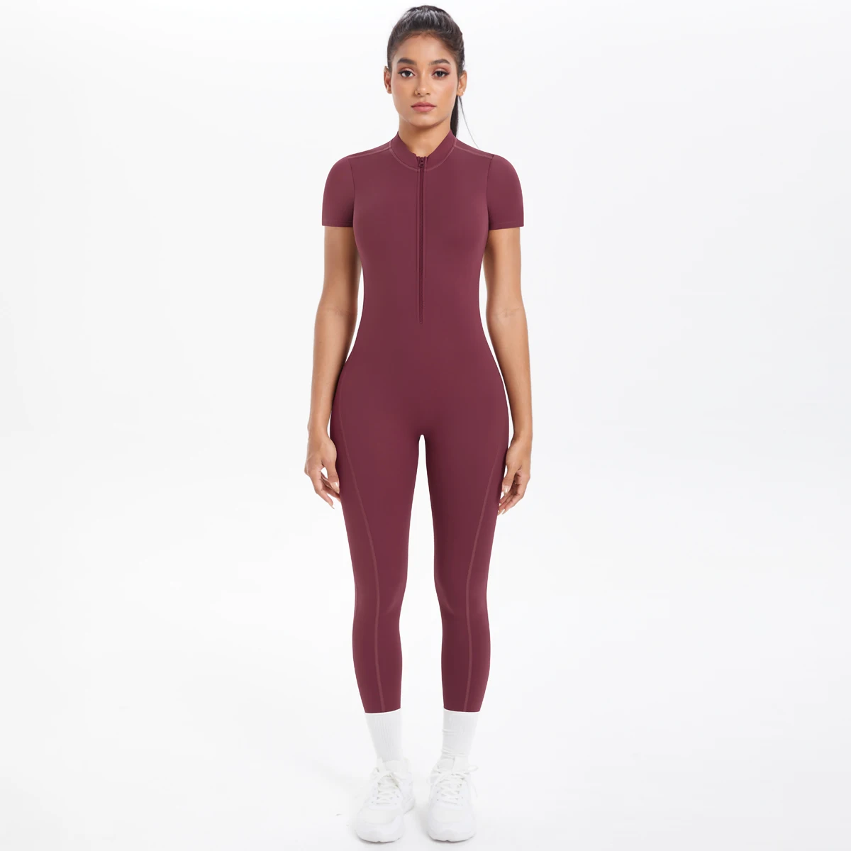 Short Sleeved Fitness Jumpsuit for Woman Bodysuits Backless Solid Color Scrunch One-Piece Suit Half Zipper Gym Yoga Sets Womens