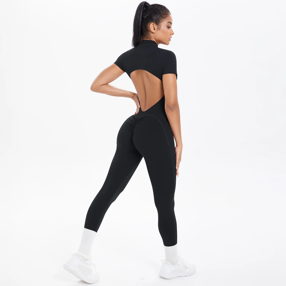 Short Sleeved Fitness Jumpsuit for Woman Bodysuits Backless Solid Color Scrunch One-Piece Suit Half Zipper Gym Yoga Sets Womens