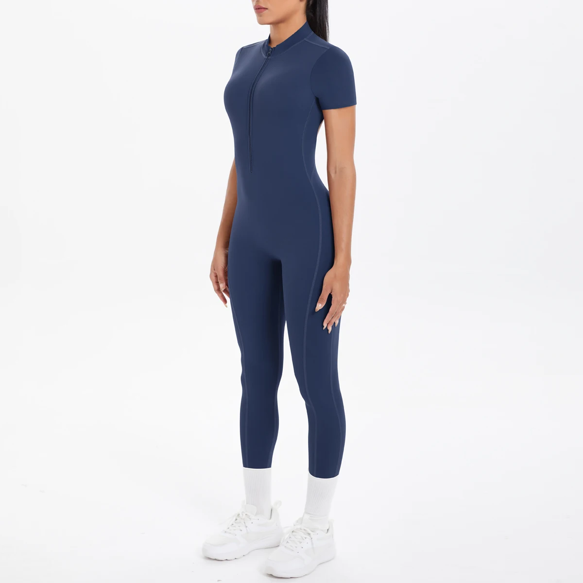 Short Sleeved Fitness Jumpsuit for Woman Bodysuits Backless Solid Color Scrunch One-Piece Suit Half Zipper Gym Yoga Sets Womens