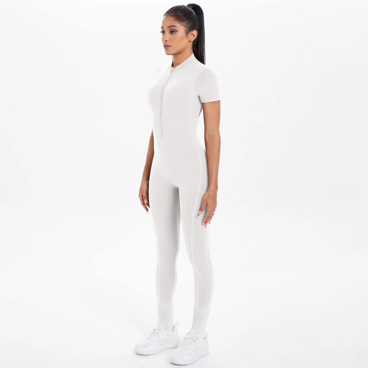 Short Sleeved Fitness Jumpsuit for Woman Bodysuits Backless Solid Color Scrunch One-Piece Suit Half Zipper Gym Yoga Sets Womens