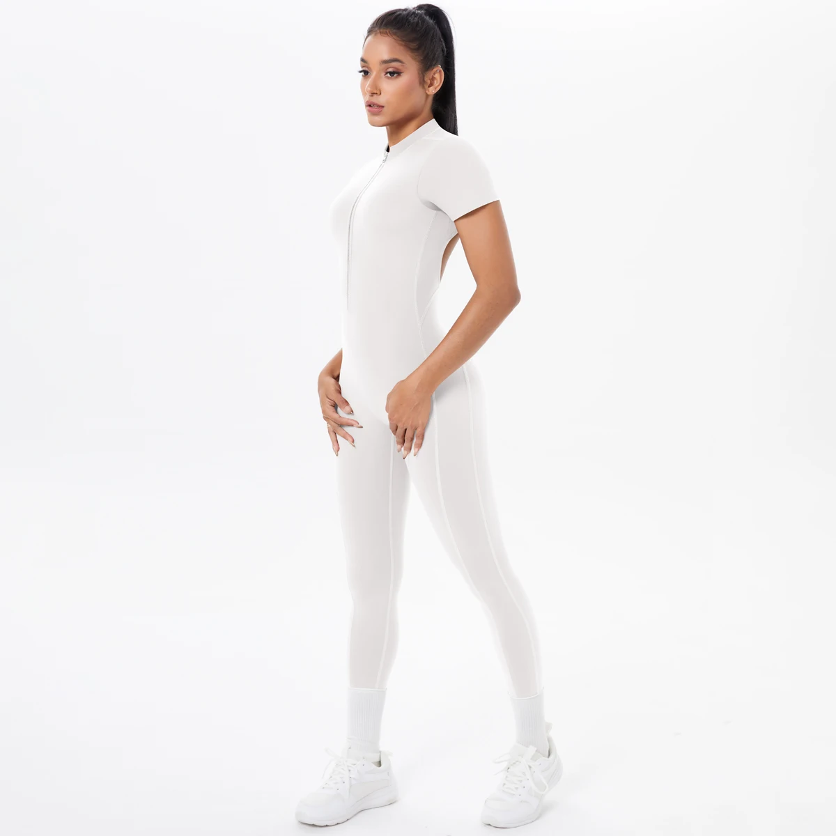Short Sleeved Fitness Jumpsuit for Woman Bodysuits Backless Solid Color Scrunch One-Piece Suit Half Zipper Gym Yoga Sets Womens