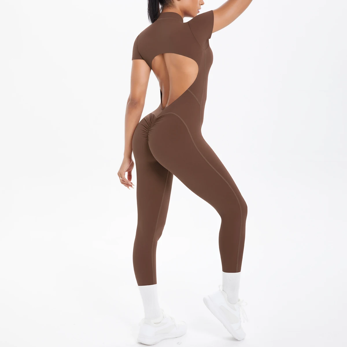 Short Sleeved Fitness Jumpsuit for Woman Bodysuits Backless Solid Color Scrunch One-Piece Suit Half Zipper Gym Yoga Sets Womens