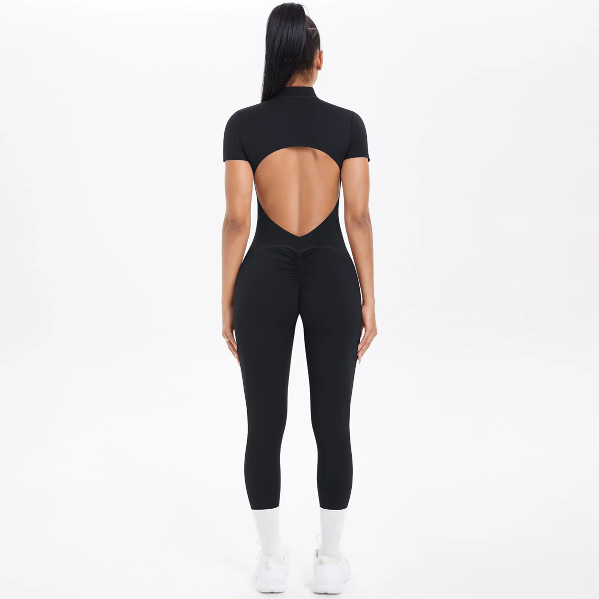 Short Sleeved Fitness Jumpsuit for Woman Bodysuits Backless Solid Color Scrunch One-Piece Suit Half Zipper Gym Yoga Sets Womens