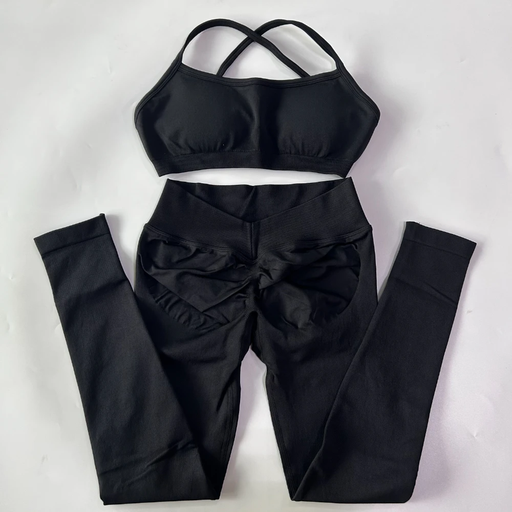 2 Pieces Gym Set For Women Clothes Seamless Scrunch Yoga Leggings Set Backless Sports Bra Fitness Workout Top Yoga Set Outfits