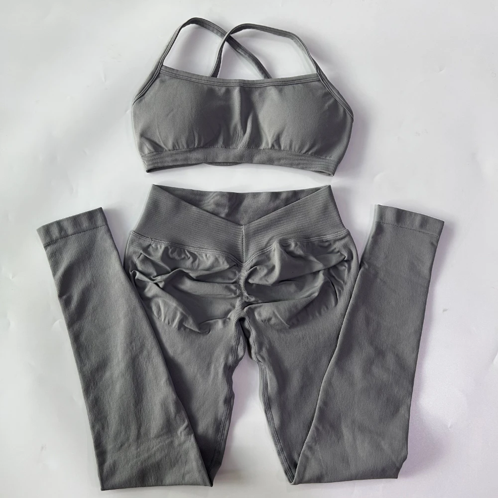 2 Pieces Gym Set For Women Clothes Seamless Scrunch Yoga Leggings Set Backless Sports Bra Fitness Workout Top Yoga Set Outfits