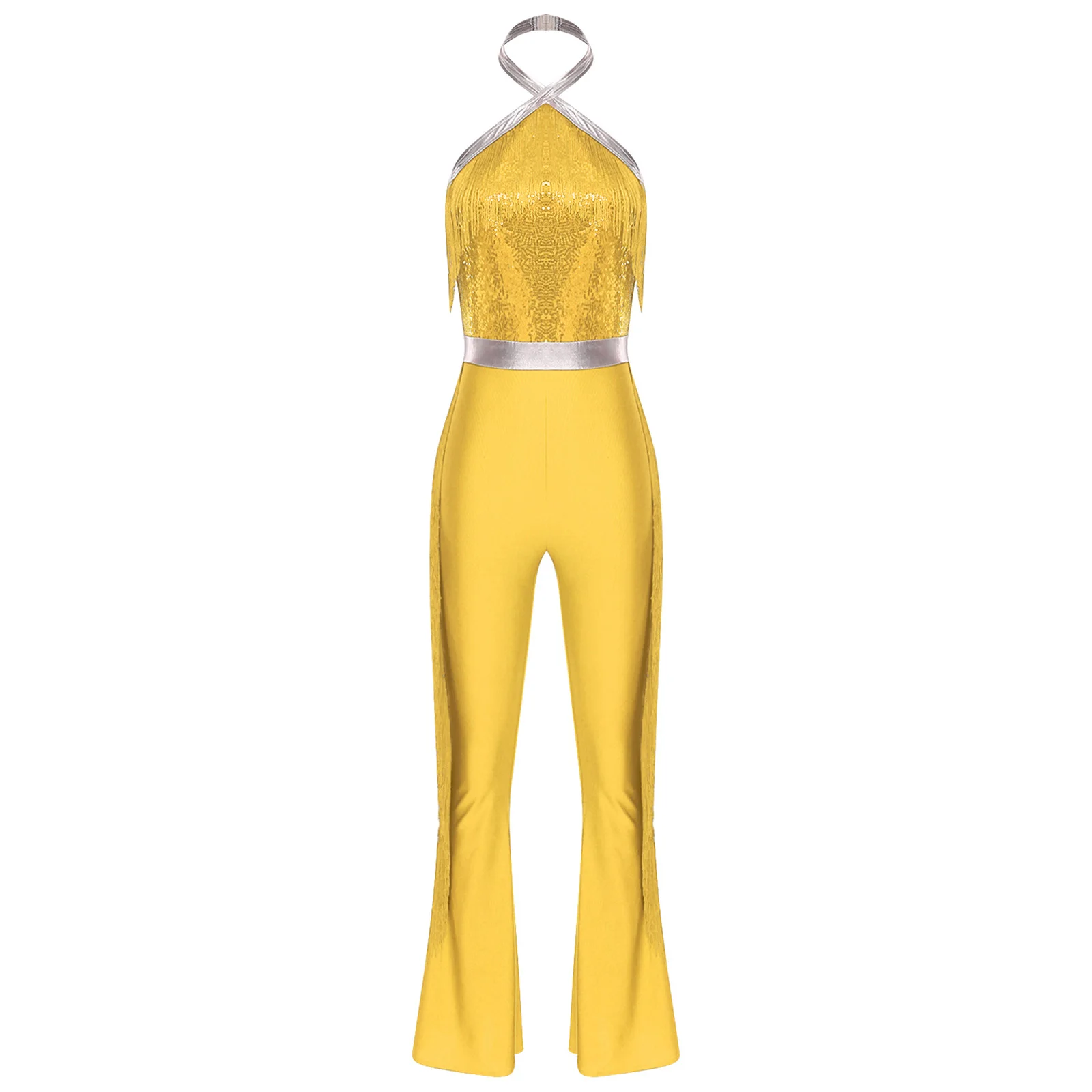 Women Hippie 70s Disco Costume Shiny Sequin Tassel Fringe Pants Retro Party One Piece Jumpsuit Prom Clubwear Latin Dancewear