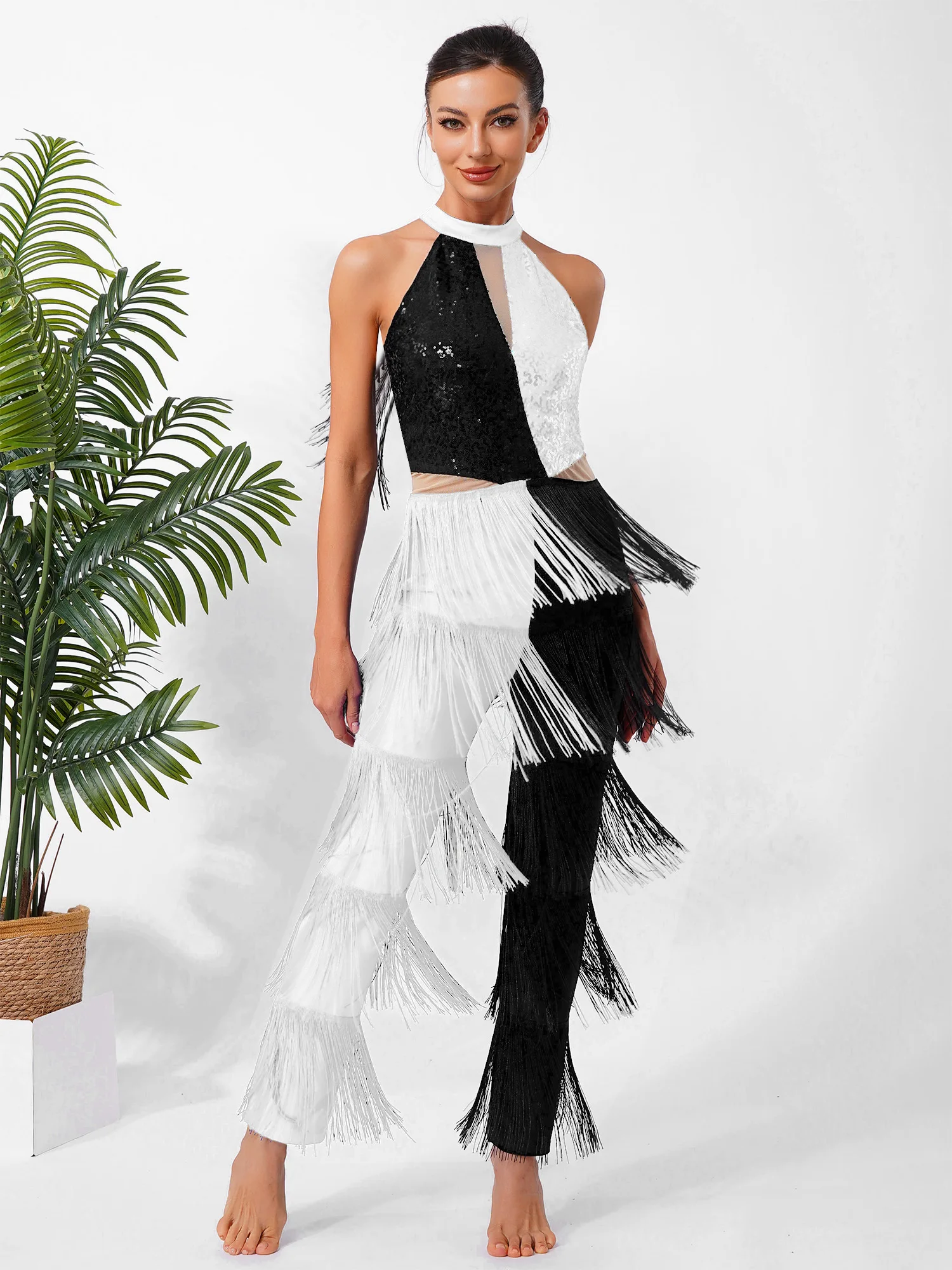 Women Hippie 70s Disco Costume Shiny Sequin Tassel Fringe Pants Retro Party One Piece Jumpsuit Prom Clubwear Latin Dancewear