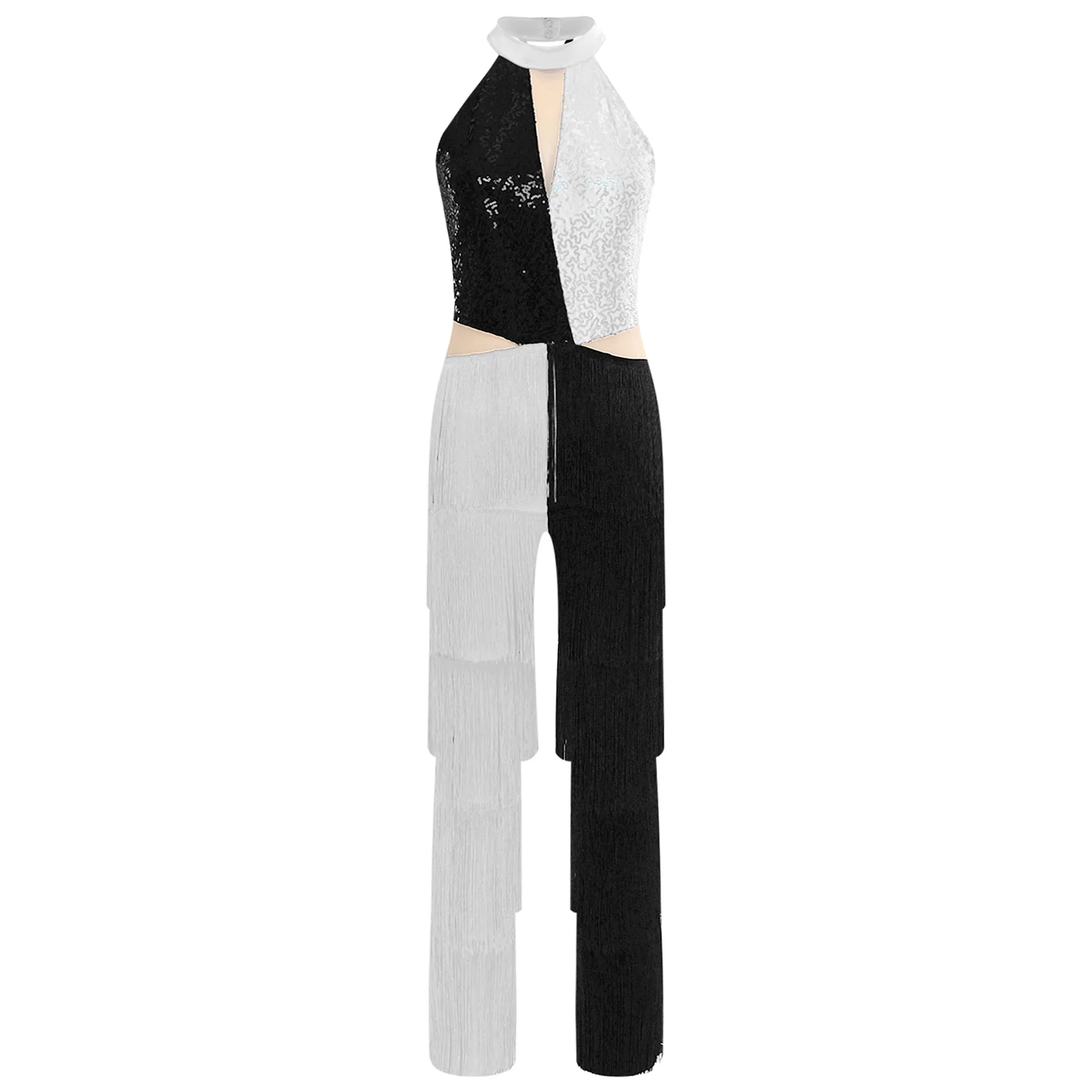 Women Hippie 70s Disco Costume Shiny Sequin Tassel Fringe Pants Retro Party One Piece Jumpsuit Prom Clubwear Latin Dancewear