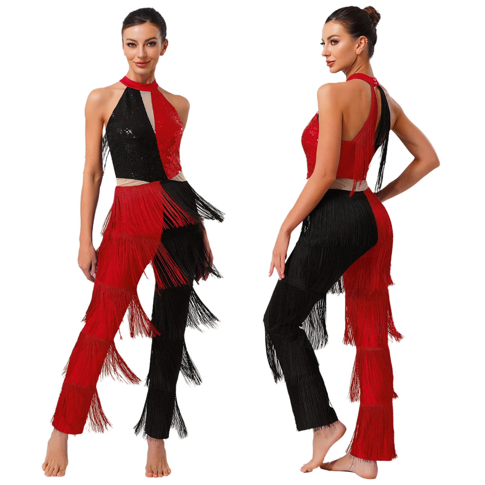 Women Hippie 70s Disco Costume Shiny Sequin Tassel Fringe Pants Retro Party One Piece Jumpsuit Prom Clubwear Latin Dancewear