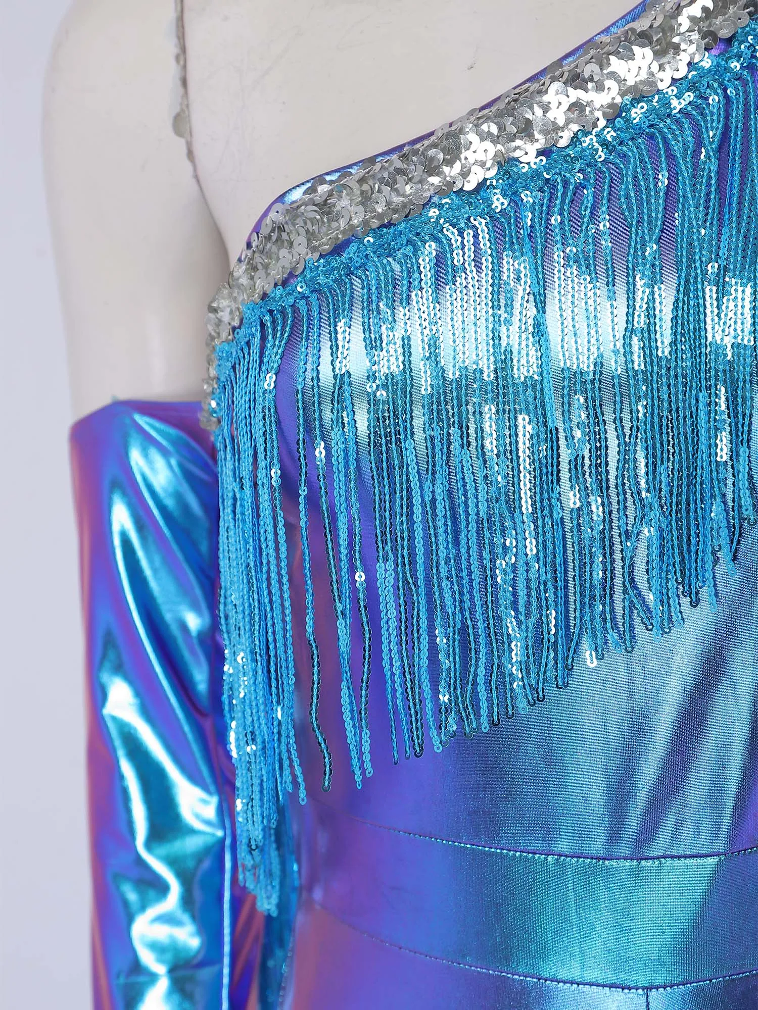 Women Hippie 70s Disco Costume Shiny Sequin Tassel Fringe Pants Retro Party One Piece Jumpsuit Prom Clubwear Latin Dancewear