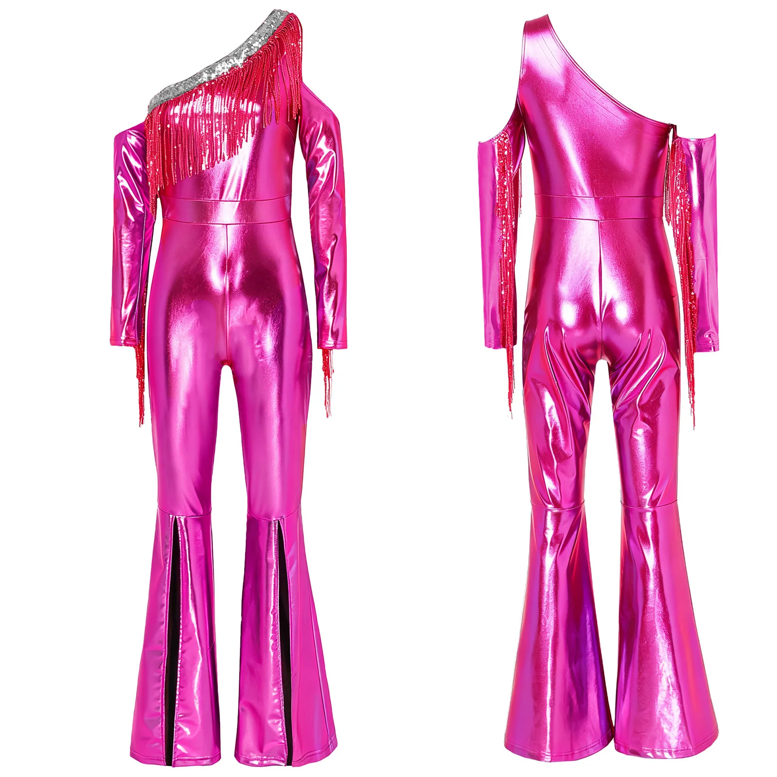 Women Hippie 70s Disco Costume Shiny Sequin Tassel Fringe Pants Retro Party One Piece Jumpsuit Prom Clubwear Latin Dancewear