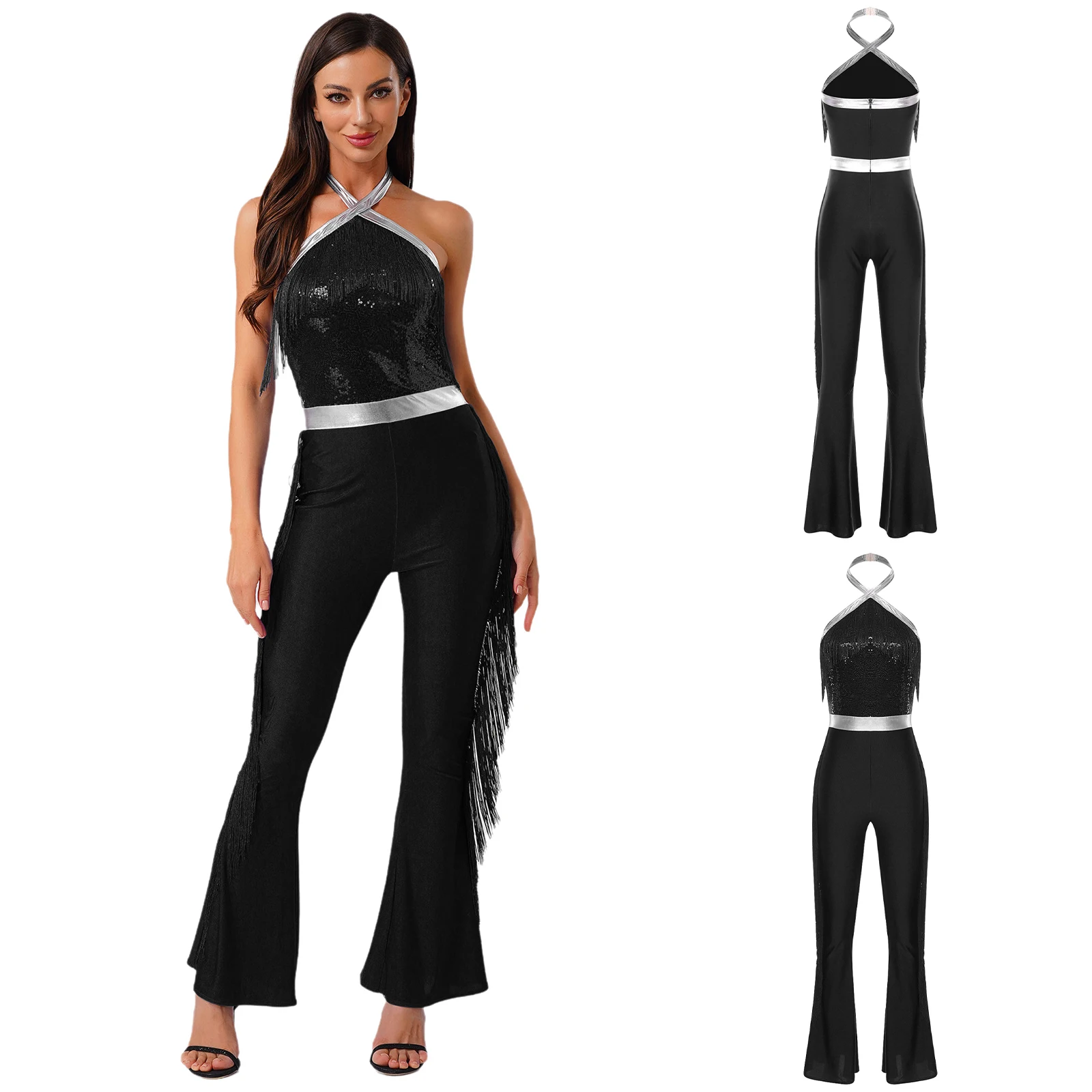 Women Hippie 70s Disco Costume Shiny Sequin Tassel Fringe Pants Retro Party One Piece Jumpsuit Prom Clubwear Latin Dancewear